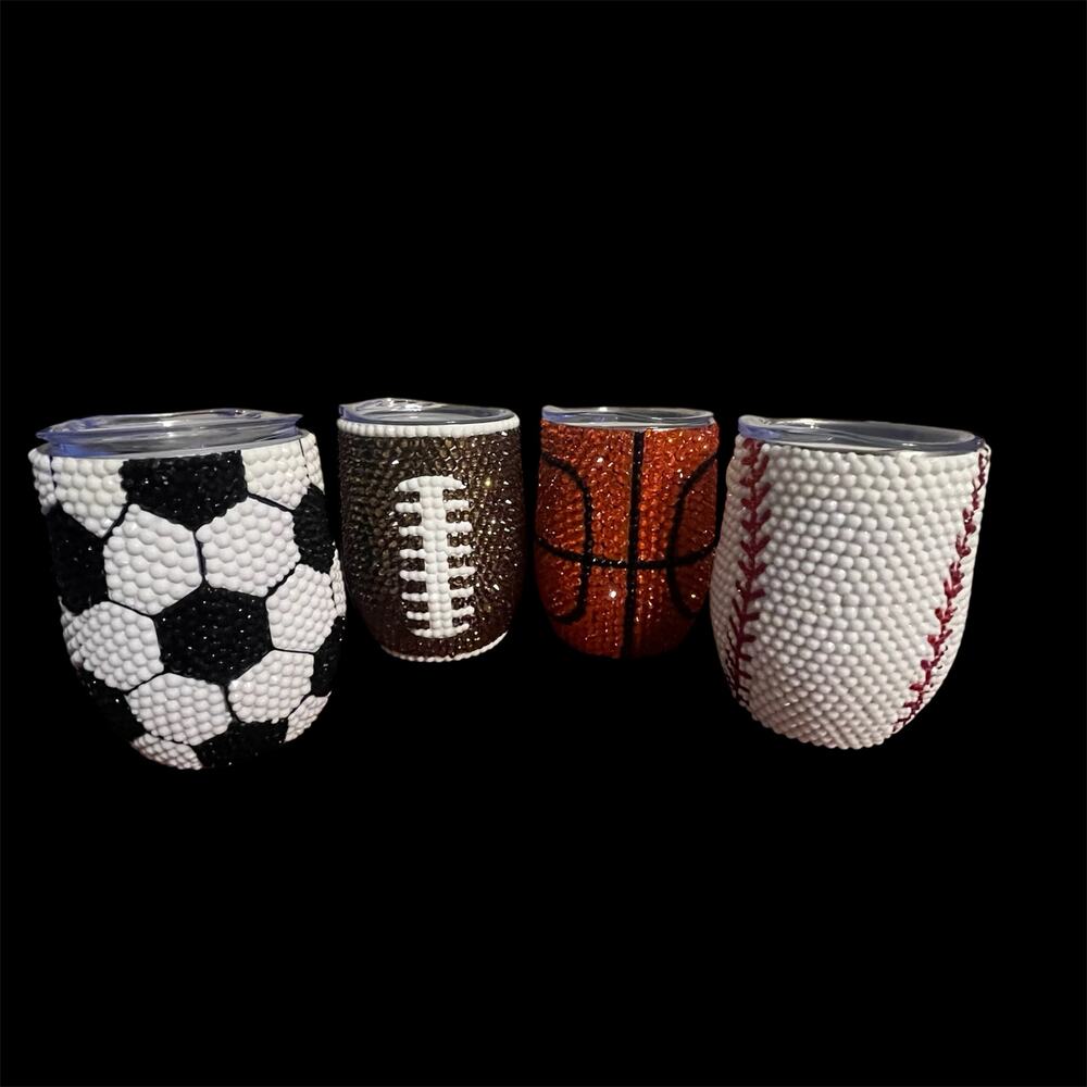 Set of 4 Luxury Custom Crystal Studded Sports Themed  Wine Tumblers 12 oz